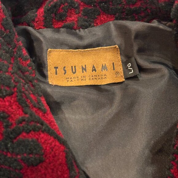 😊Tsunami Canada Black Red Bouclee Pattern Button Up Fleece Vintage Jacket Sz L - Picture 9 of 14